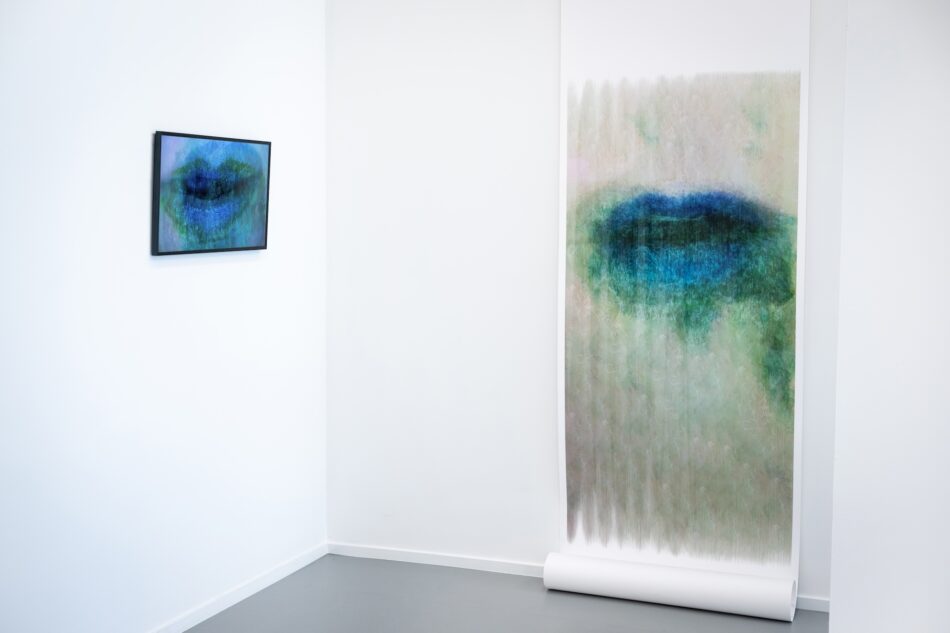 Installation view: Never Too Much, 2023, and Never Too Much print, 190cm x 90cm. '...and that's only half the story', PLUS-ONE Gallery, Antwerp, September 2 - October 8, 2023. Photos by Joost Joosen. 