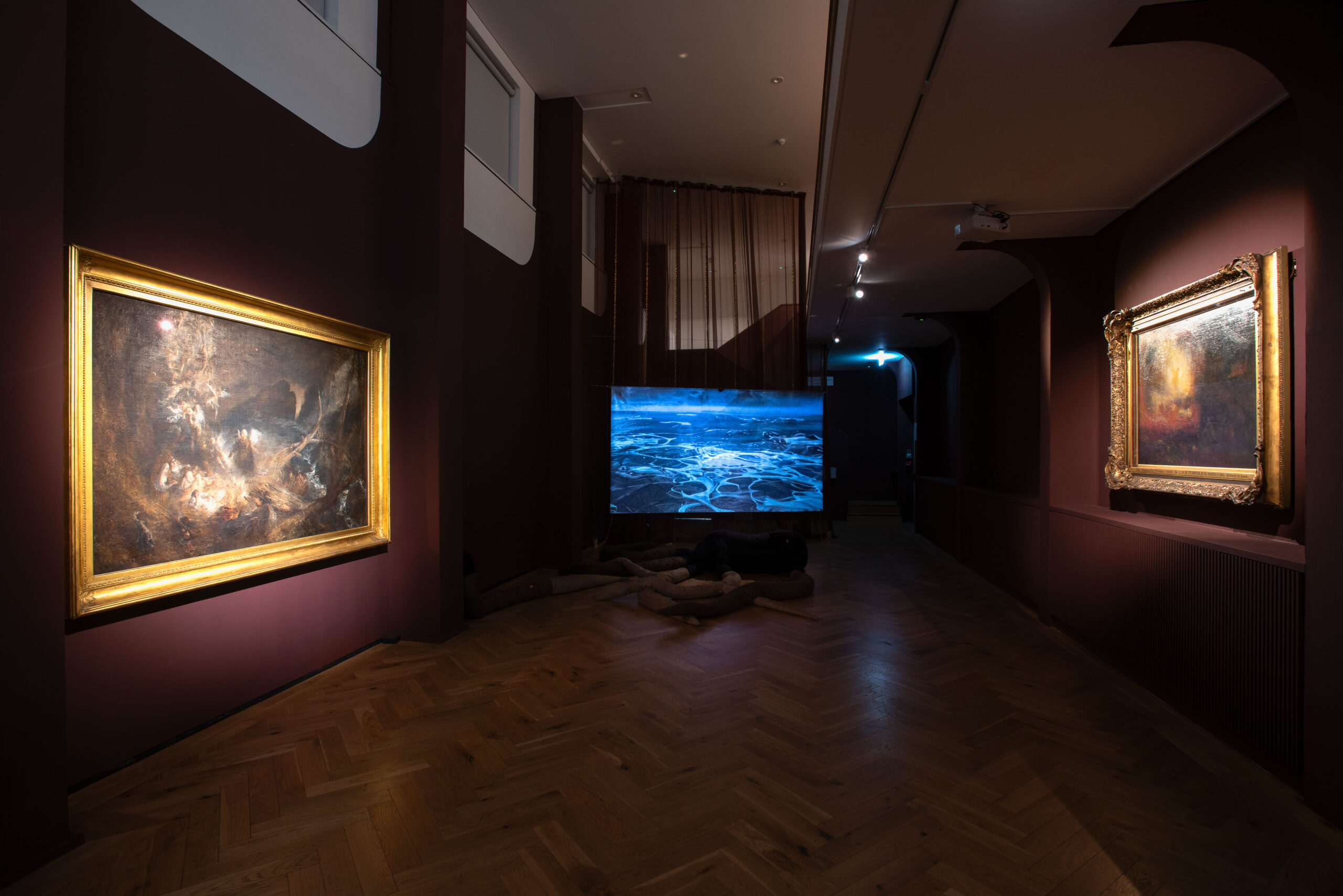 JMW Turner's The Vision of Jacob's (?) Ladder (c.1830), L Heaney's Shadowscapes (Emotional Dumping Ground), (2025) and JMW Turner's The Hero of a Hundred Fights (1847)