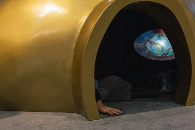 Installation view: Libby Heaney, Life in the Multiverse, 2026, housed inside giant replica of Arp's Dream Amphora with soft sculptural seating. Sainsbury Centre, Norwich, 16th May - 4th October 2026.Photo: Kate Wolstenholme.