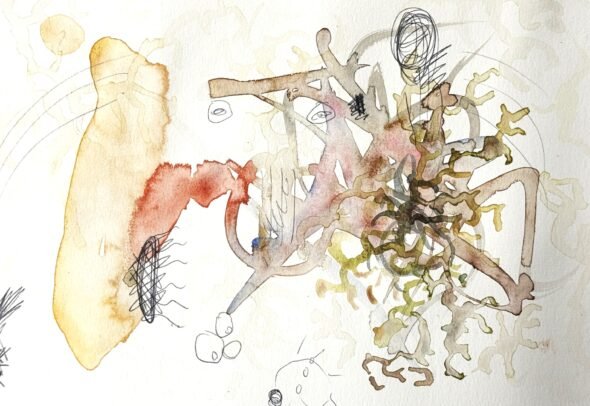 Heaney’s sensorial research: four watercolour paintings reflecting on Heaney’s experiences with the Living Art at Sainsbury Centre. Courtesy of Libby Heaney.