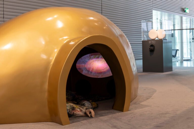 Installation view: Libby Heaney, Life in the Multiverse, 2026, housed inside giant replica of Arp's Dream Amphora with soft sculptural seating. Sainsbury Centre, Norwich, 16th May - 4th October 2026.Photo: Kate Wolstenholme.