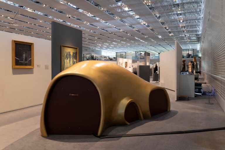 Installation view: Libby Heaney, Life in the Multiverse, 2026, housed inside giant replica of Arp's Dream Amphora. Sainsbury Centre, Norwich, 16th May - 4th October 2026.Photo: Kate Wolstenholme.